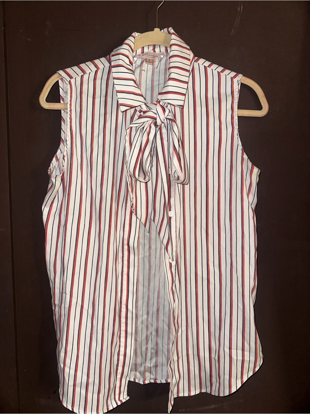 Philosophy Sleeveless Tie-Neck Blouse in White with Red & Navy Stripes